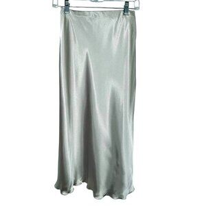 Nicole Miller Silver Satin Bias Cut Midi Slip Skirt Silky Luxe Minimalist Sz XS